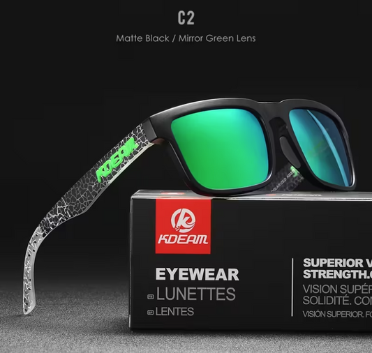 Kdeam Polarized Tactical Sunglasses -  Matte Black / Mirror Green Lens C2